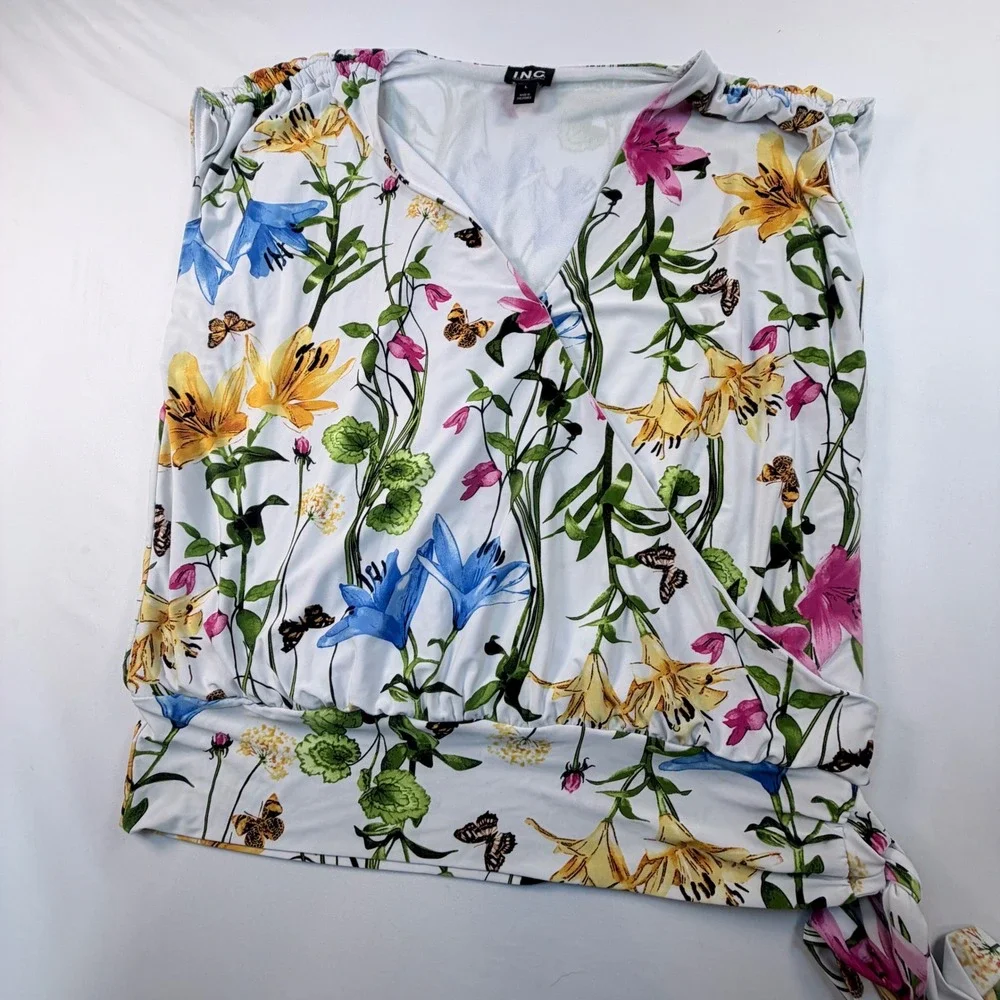 INC International Concepts Women's Large Floral Butterfly Wrap Side Tie Blouse